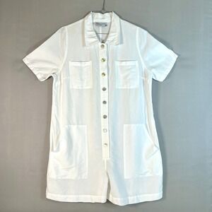 Haris Cotton Women's Short Sleeve Button Front Patch Pocket Romper White M